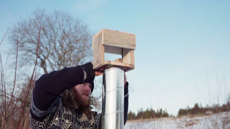 Man Fixing Chimney Of Hot Tub Outdoors - Close Up