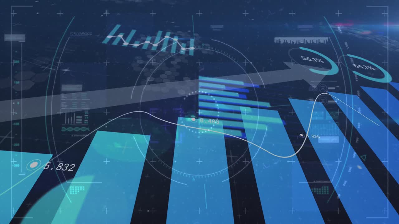 Animation of scope scanning, arrow with statistics and financial data processing over cityscape