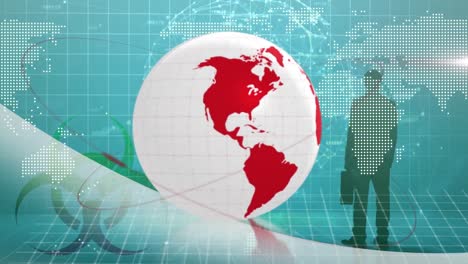 Animation-Von-Globus-Und-Datenverarbeitung-über-Geschäftsmannsilhouette-Und-Weltkarte-Auf-Blauem-Hintergrund