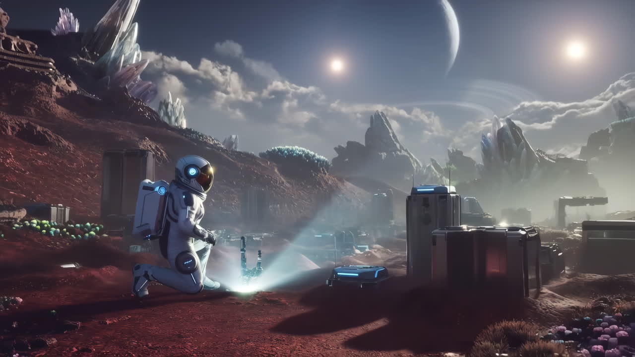 Astronaut utforsker og bygger på en fremmed krystallplanet
