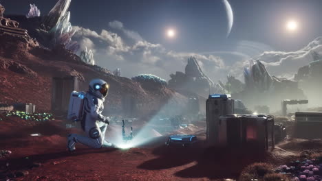 astronaut exploring and building on an alien crystal planet
