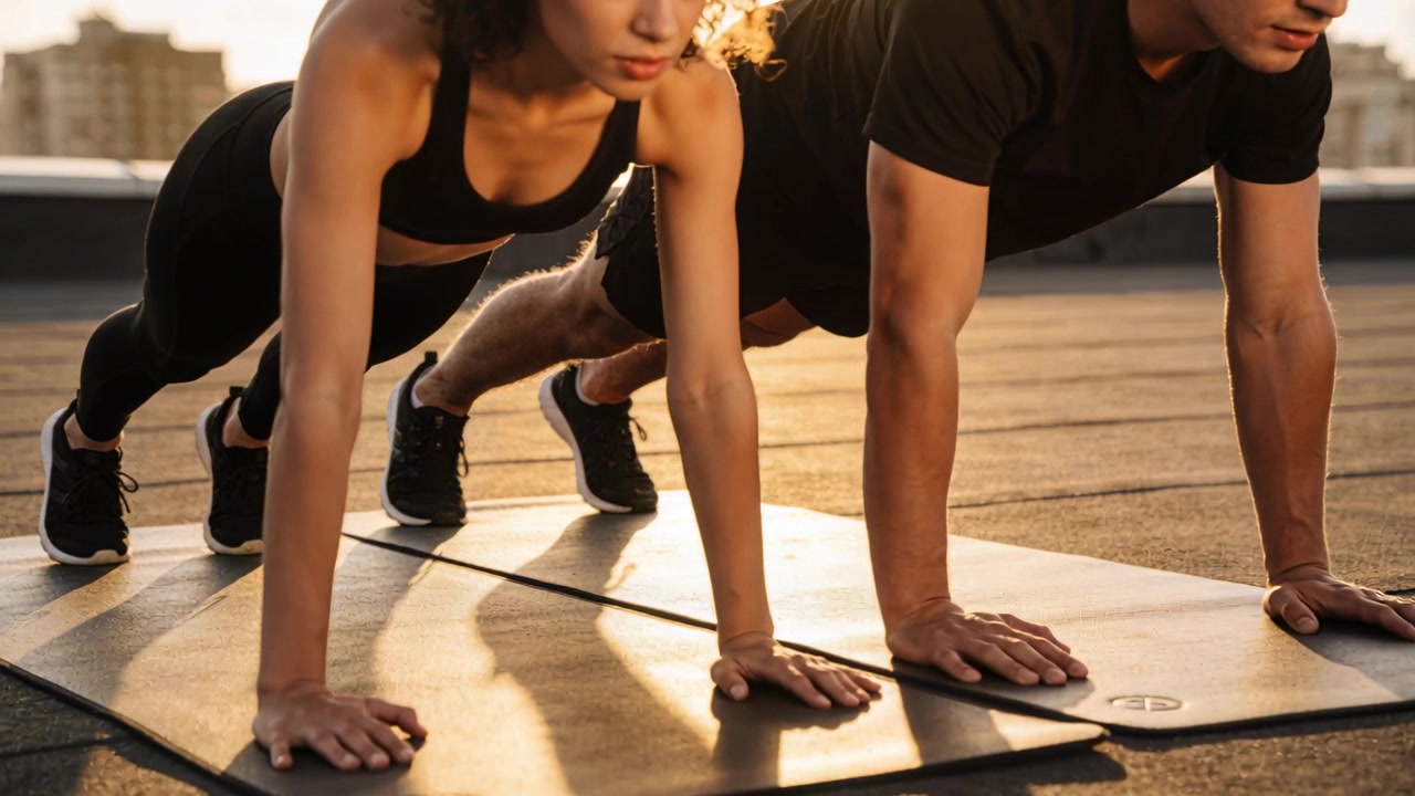Starting high-plank, female and male pair in sportswear holding plank on roof mats for core