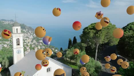 digital composition of multiple face emojis floating against aerial view of cityscape