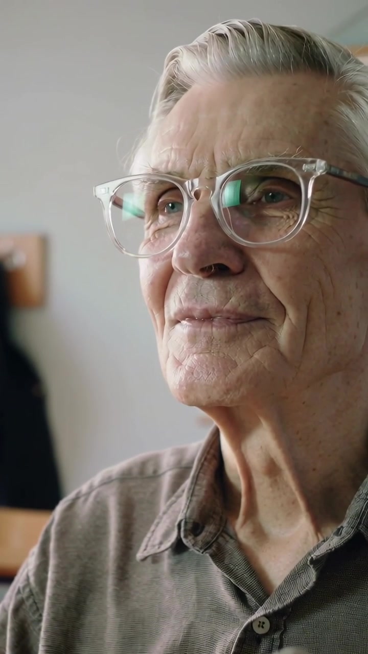 Video vertical: Persona mayor leyendo un libro en casa, levantando la mirada y sonriendo con camisa gris tras escuchar un sonido.