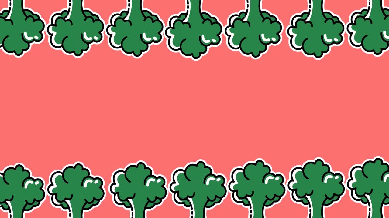 Animazione di due file di broccoli verdi che si muovono in alto e in basso su sfondo rosa