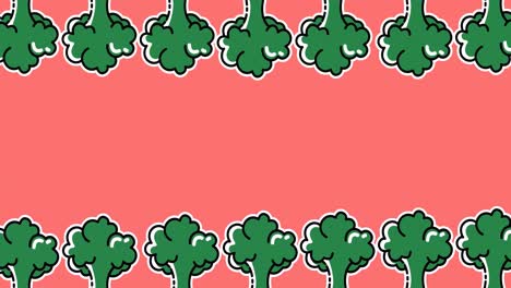 animación de dos filas de brócoli verde que se mueven en la parte superior e inferior del fondo rosa