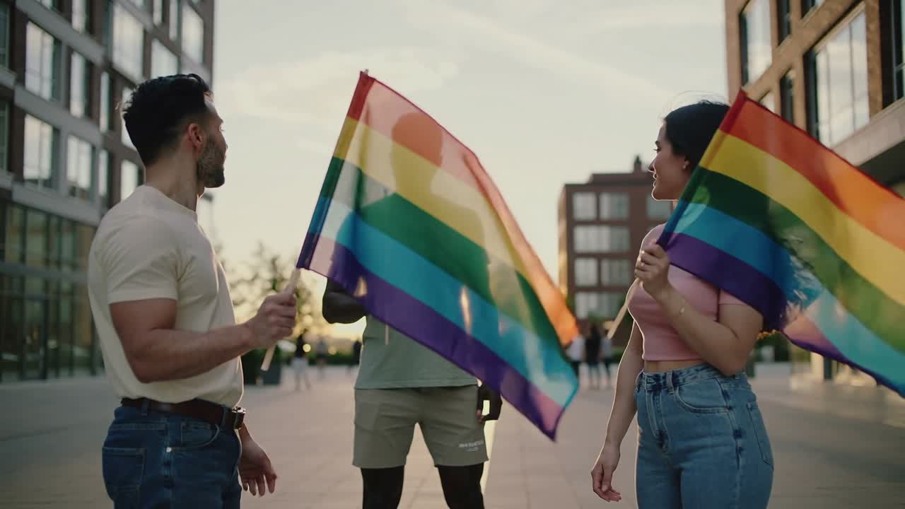 Breeze lifting flags, trio holding rainbow flags, holders overlapping then separating while smiling