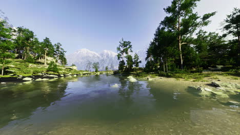 tranquil lake surrounded by lush trees and majestic mountains in daylight