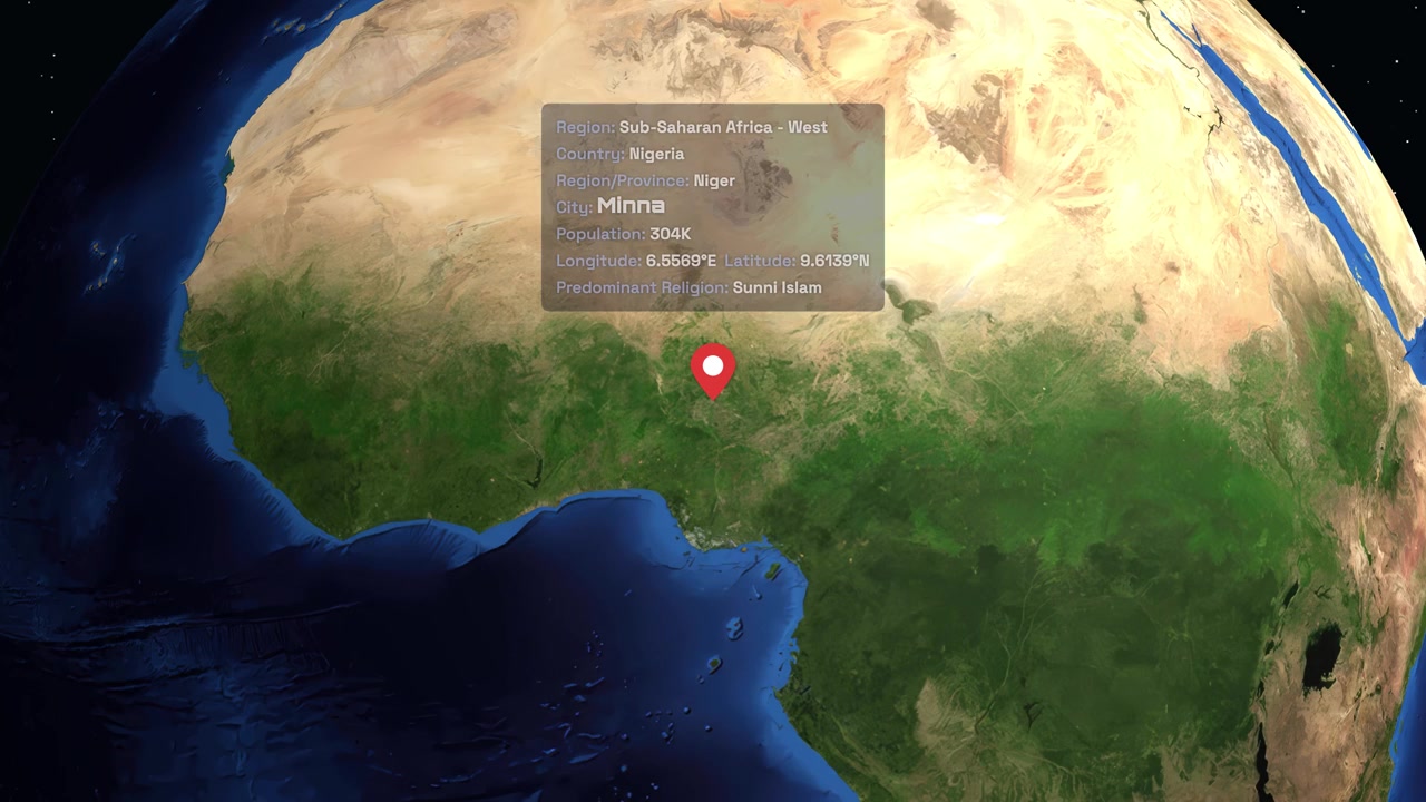 A digital globe rotates and zooms into West Africa, highlighting Minna, Nigeria with informational text