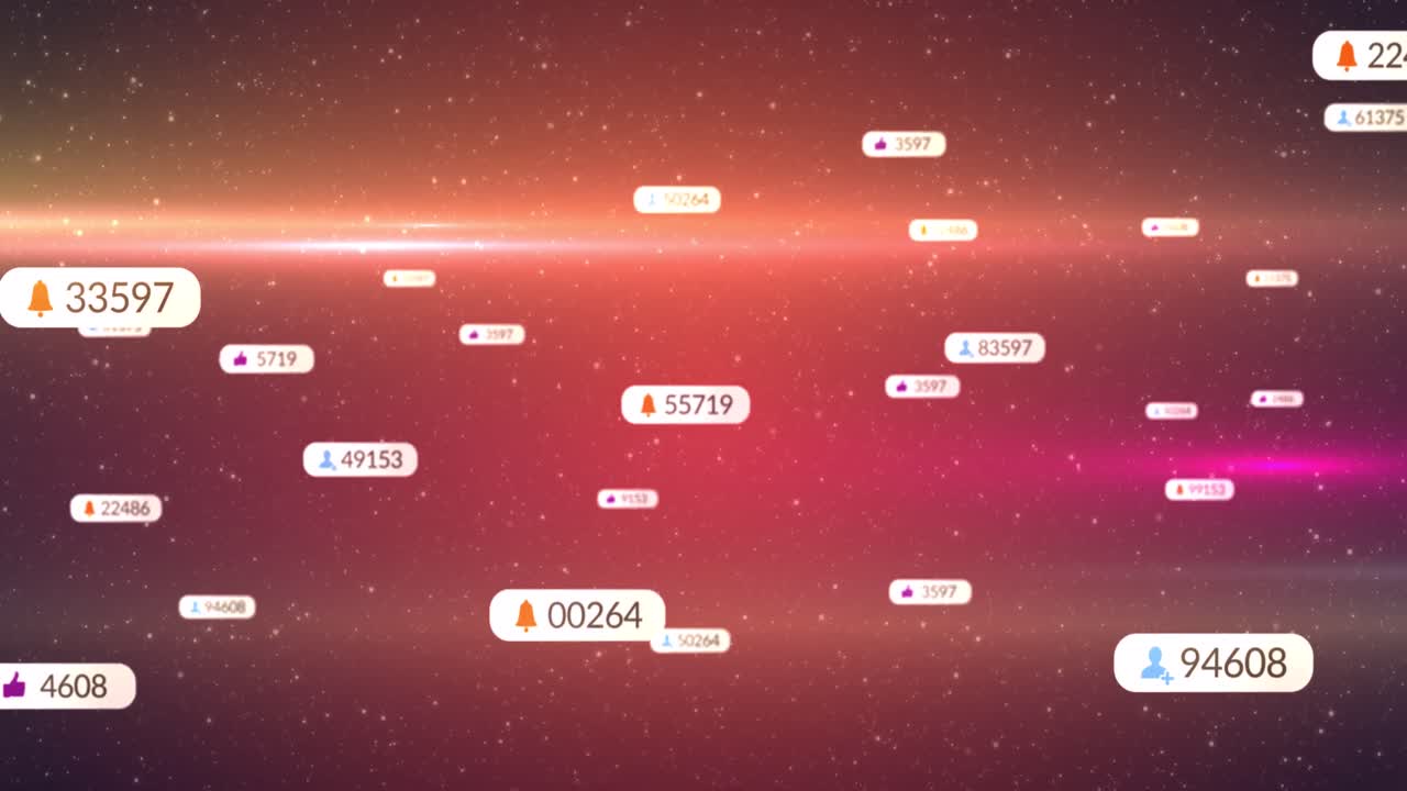 밤 하늘의  ⁇ 색 배너와 별에 있는 소셜 미디어 아이콘과 숫자 위의 커서의 애니메이션