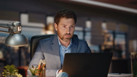 recruiter talking online interview at dark room closeup. man hr video meeting