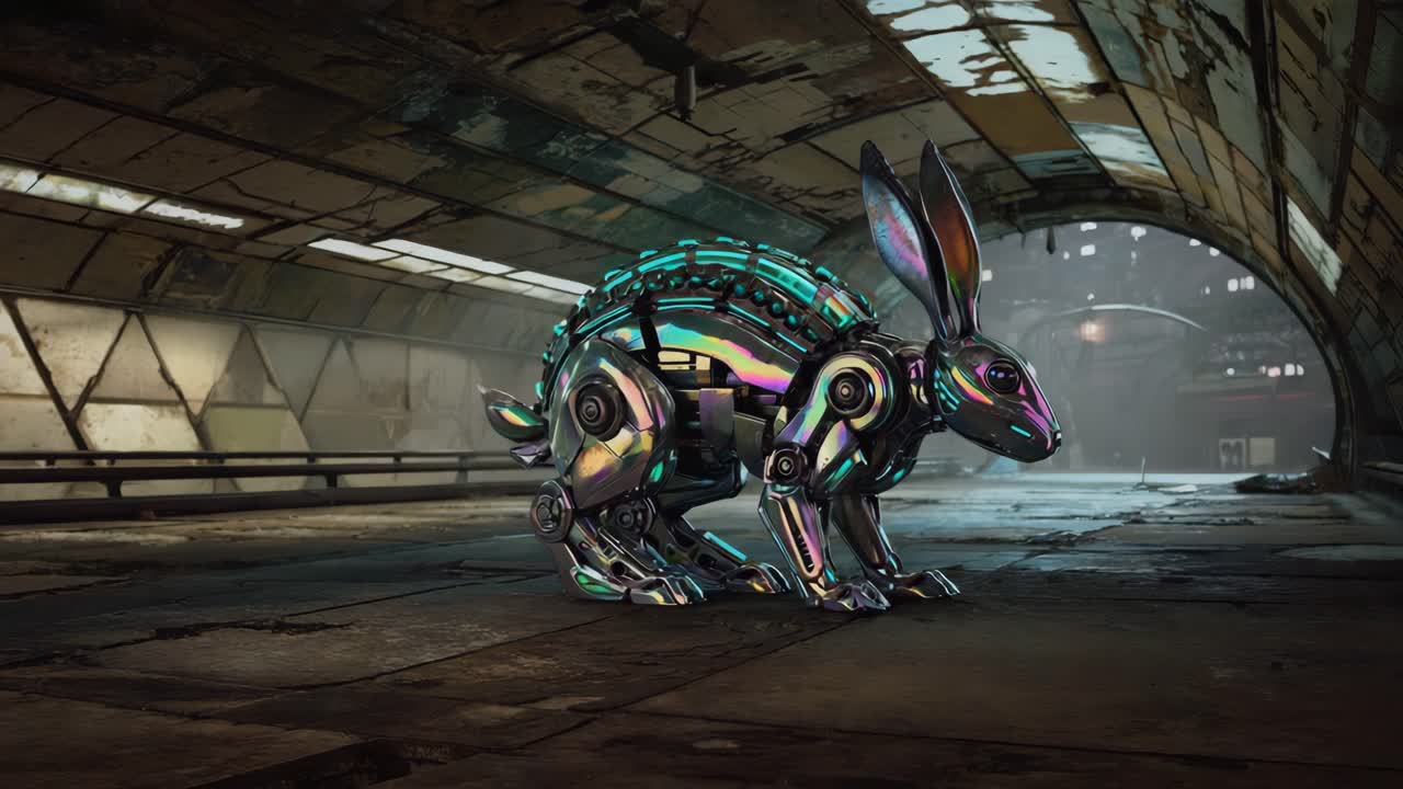Cybernetic Rabbit in a Futuristic Tunnel