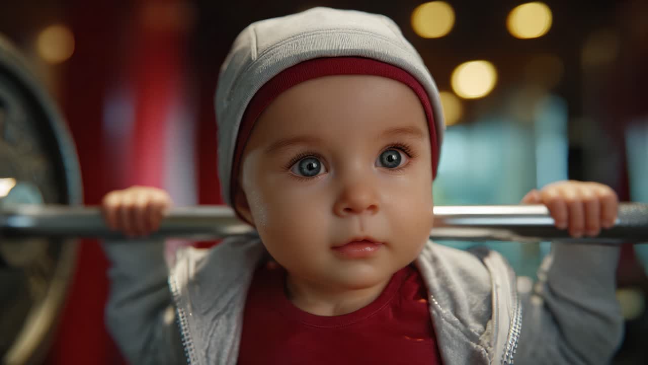 Sevimli Bebek Merak ve Kararlılıkla Ağırlık Kaldırıyor, Eğlenceli Fitness Aktivitesine Katılırken Güçlü Odaklanma İfadeleri Sergiliyor