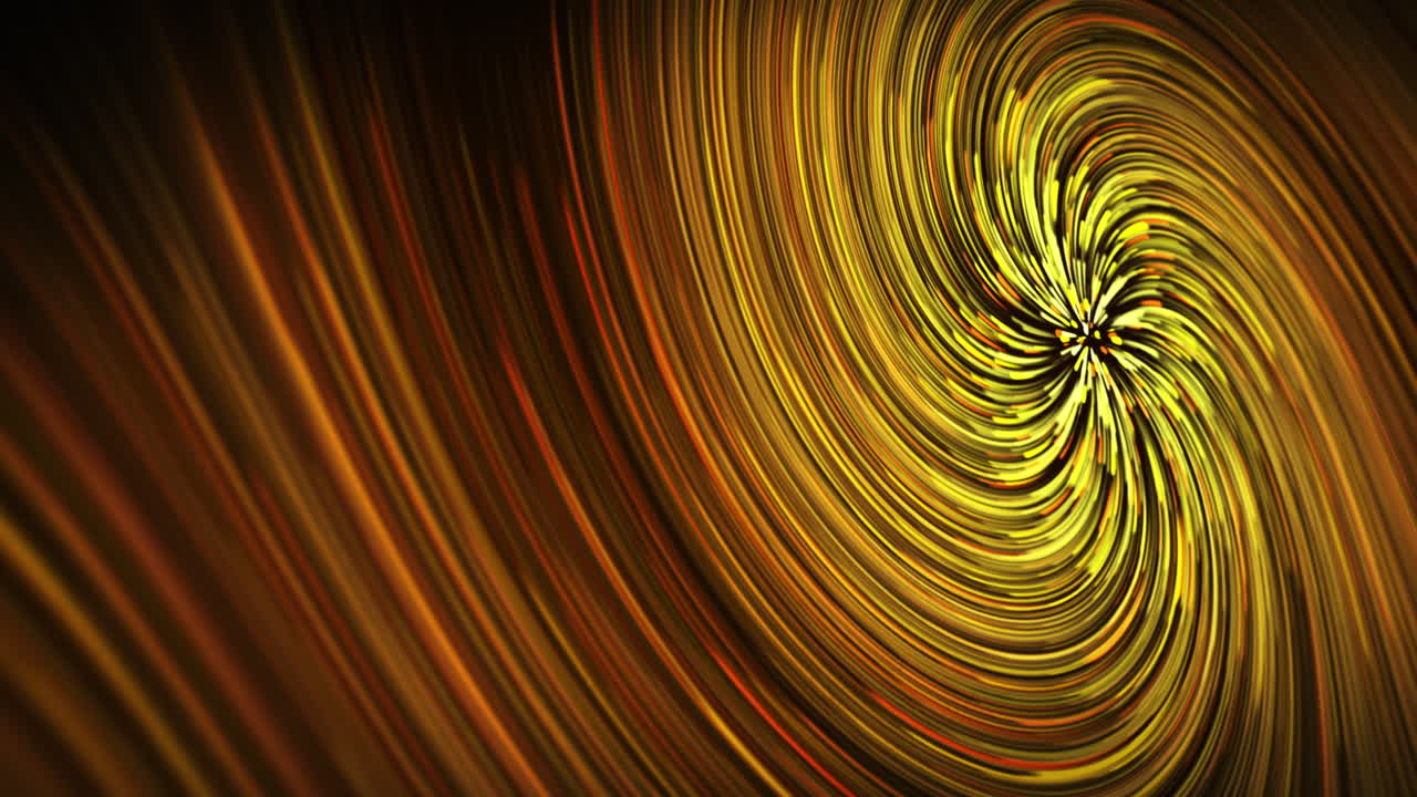 Sfondo colorato con linee luminose e lisce. Vortice giallo ipnotico e vorticoso. Animazione in loop di particelle luminose volanti