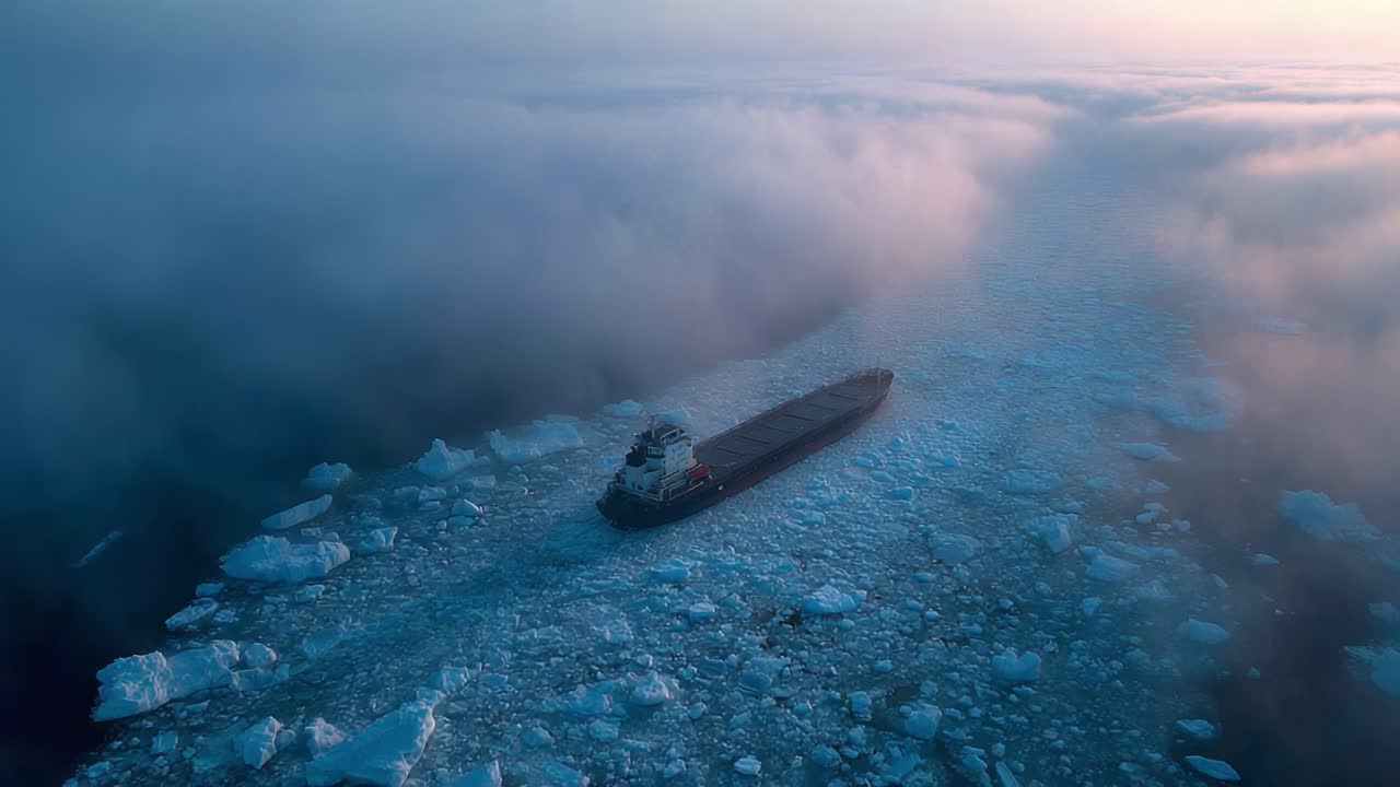 A lone ship navigates through icy waters, surrounded by thick fog and floating icebergs, showcasing the stark beauty of maritime exploration in remote, frozen landscapes