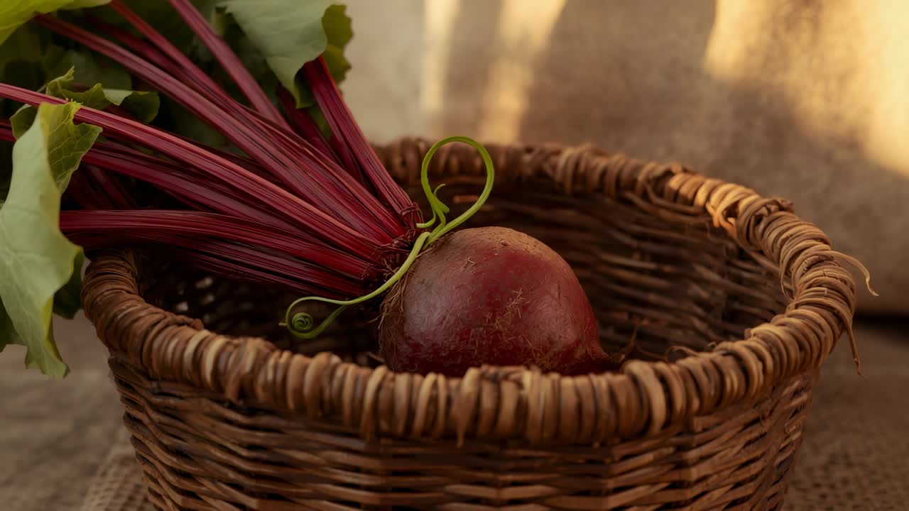 Focusing woven wicker basket containing harvested beetroots on cloth in kitchen, produce display