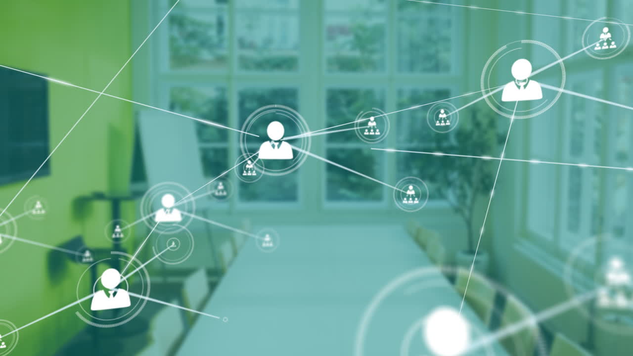 연결 네트워크 및 데이터 처리 애니메이션 오피스 회의실