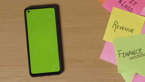 concepto de negocio de notas adhesivas giratorias con términos comerciales y financieros y teléfono móvil de pantalla verde