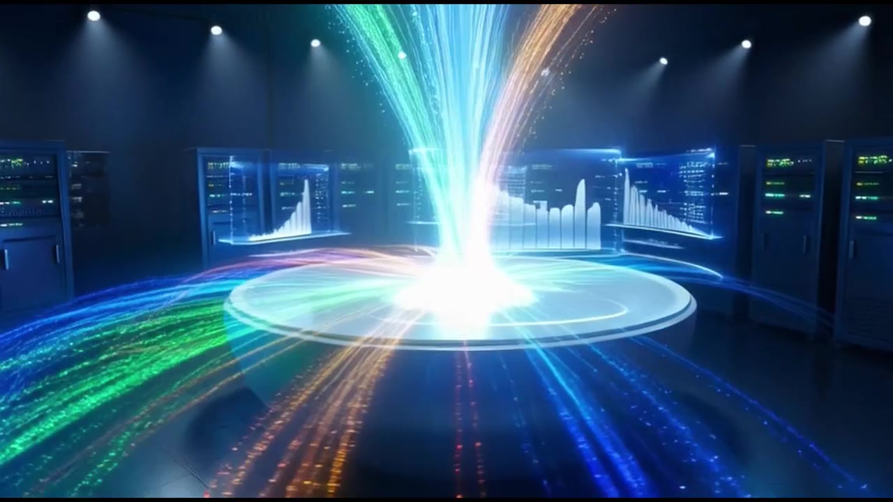 Futuristic Data Center with Glowing Information Streams and Holographic Charts