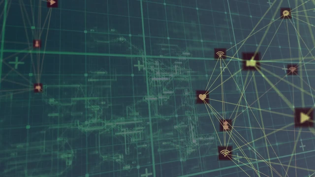 Animation of data processing and network of connections over black background