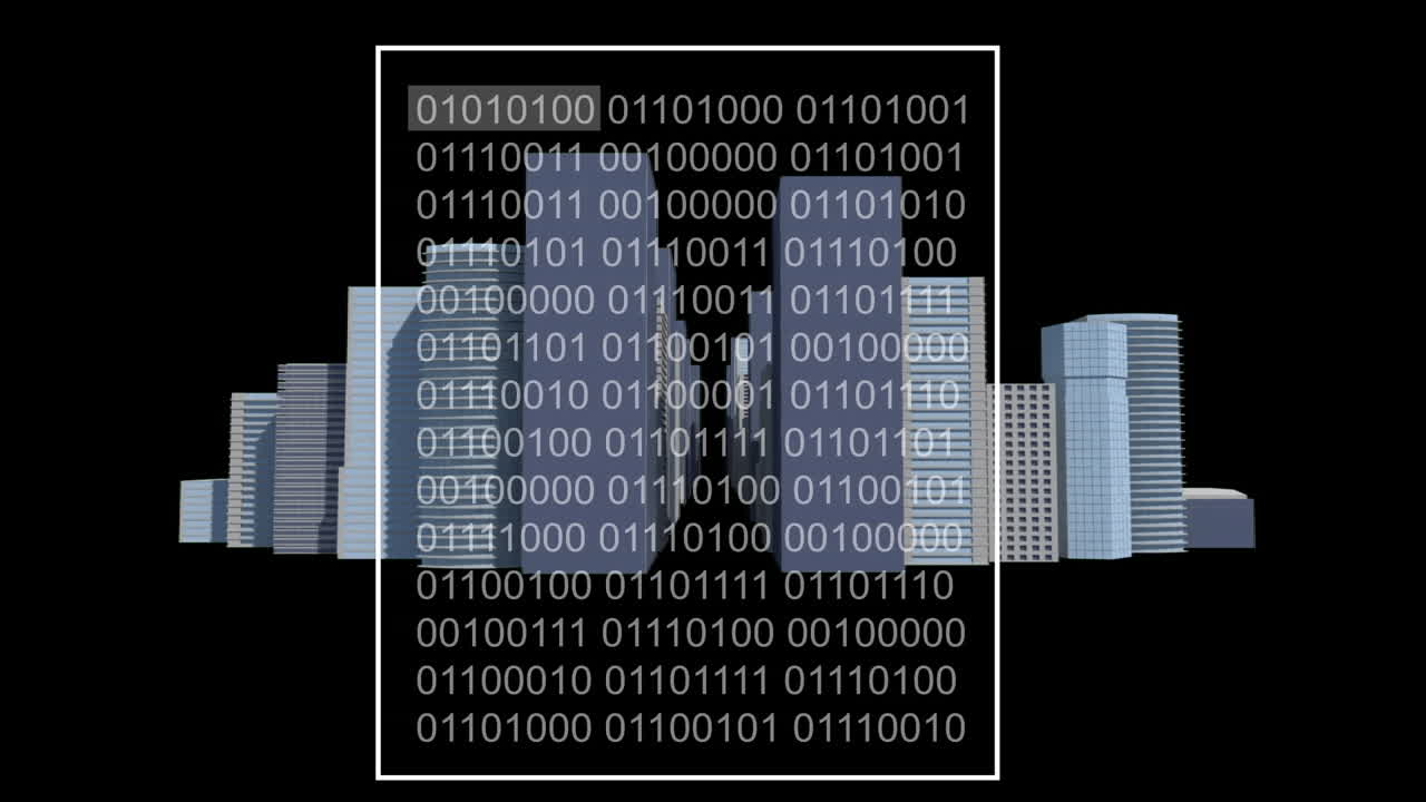 Animation of binary coding data processing over cityscape