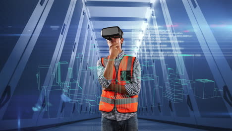 modelo de ciudad 3d y procesamiento de datos sobre el hombre usando auriculares vr contra una sala de servidores vacía