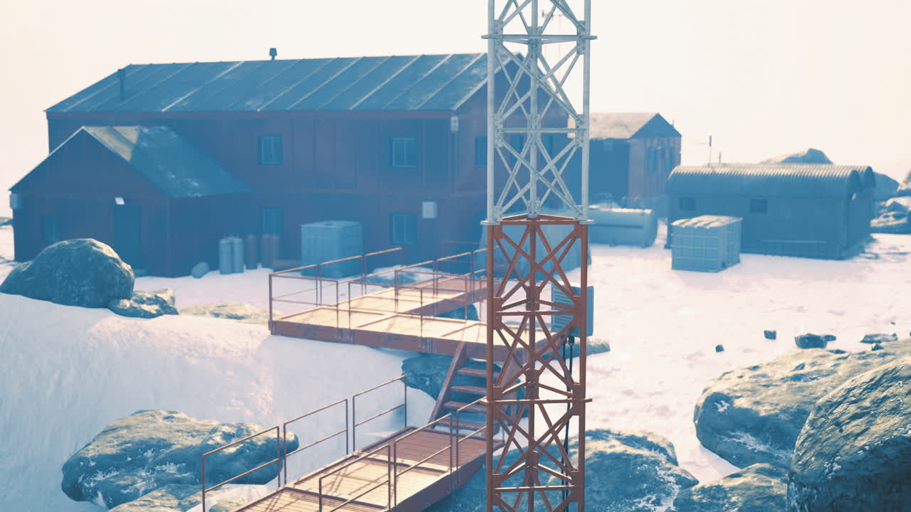 Snowy landscape featuring a communication tower near remote buildings