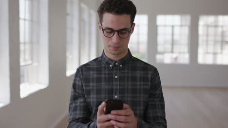 Retrato-De-Un-Atractivo-Joven-Hipster-Enviando-Mensajes-De-Texto-Navegando-Por-Las-Redes-Sociales-Usando-Tecnología-Móvil-De-Teléfono-Inteligente-Usando-Gafas-En-Un-Apartamento-Nuevo