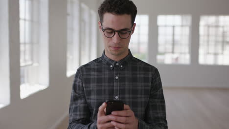 retrato de un atractivo joven hombre hipster enviando mensajes de texto navegando por las redes sociales usando tecnología móvil de teléfono inteligente usando gafas en un nuevo apartamento