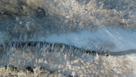 overhead aerial shot of frozen creek, forest covered in snow, sun casting shadow