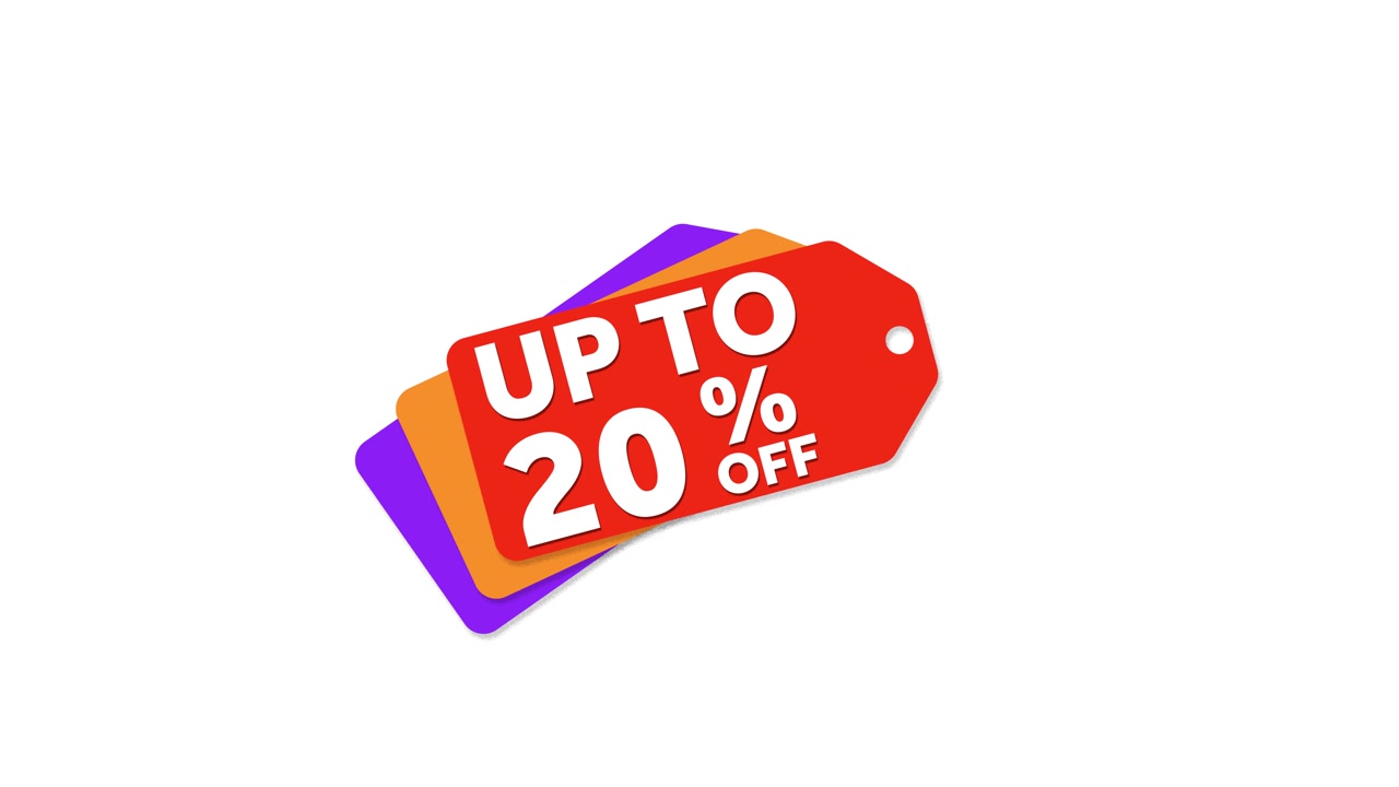 Un cartellino del prezzo promozionale rosso, arancione e viola si anima, pubblicizzando sconti fino al 20%