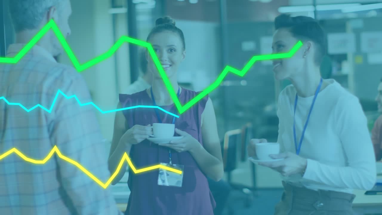 Coworkers sipping coffee in office lounge reacting to sliding line graphs showing business growth