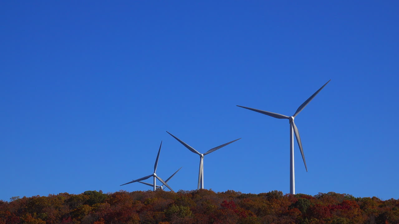 숲이 우거진 능선 위에서 작동하는 풍력 터빈의 망원 보기
