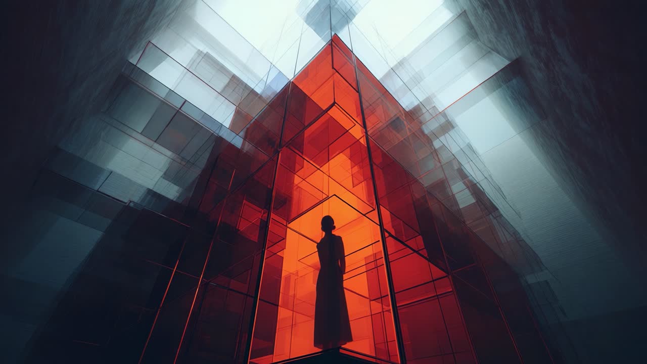 A figure stands in a captivating geometrical structure made of transparent and colored cubes, showcasing a blend of light, shadow, and intricate reflections in an abstract setting
