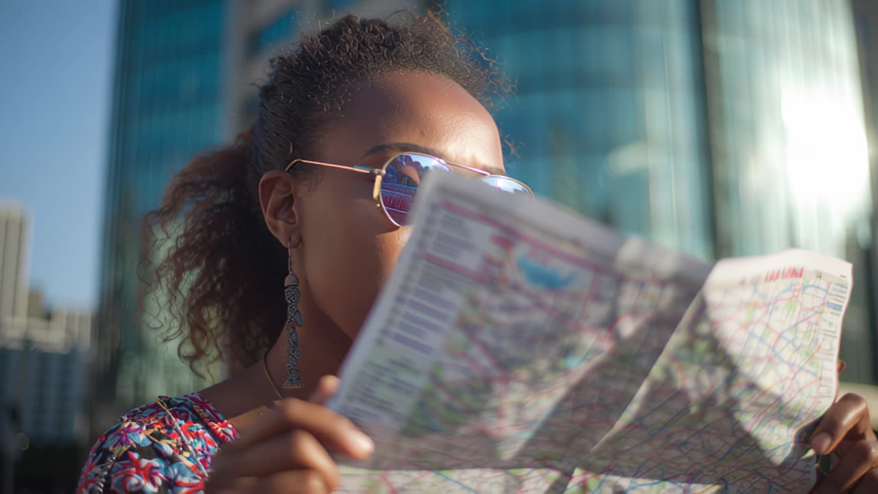 Close-up footage of a young woman holding and reading a paper city map outdoors in a modern business district, travel navigation concept with skyscrapers in background