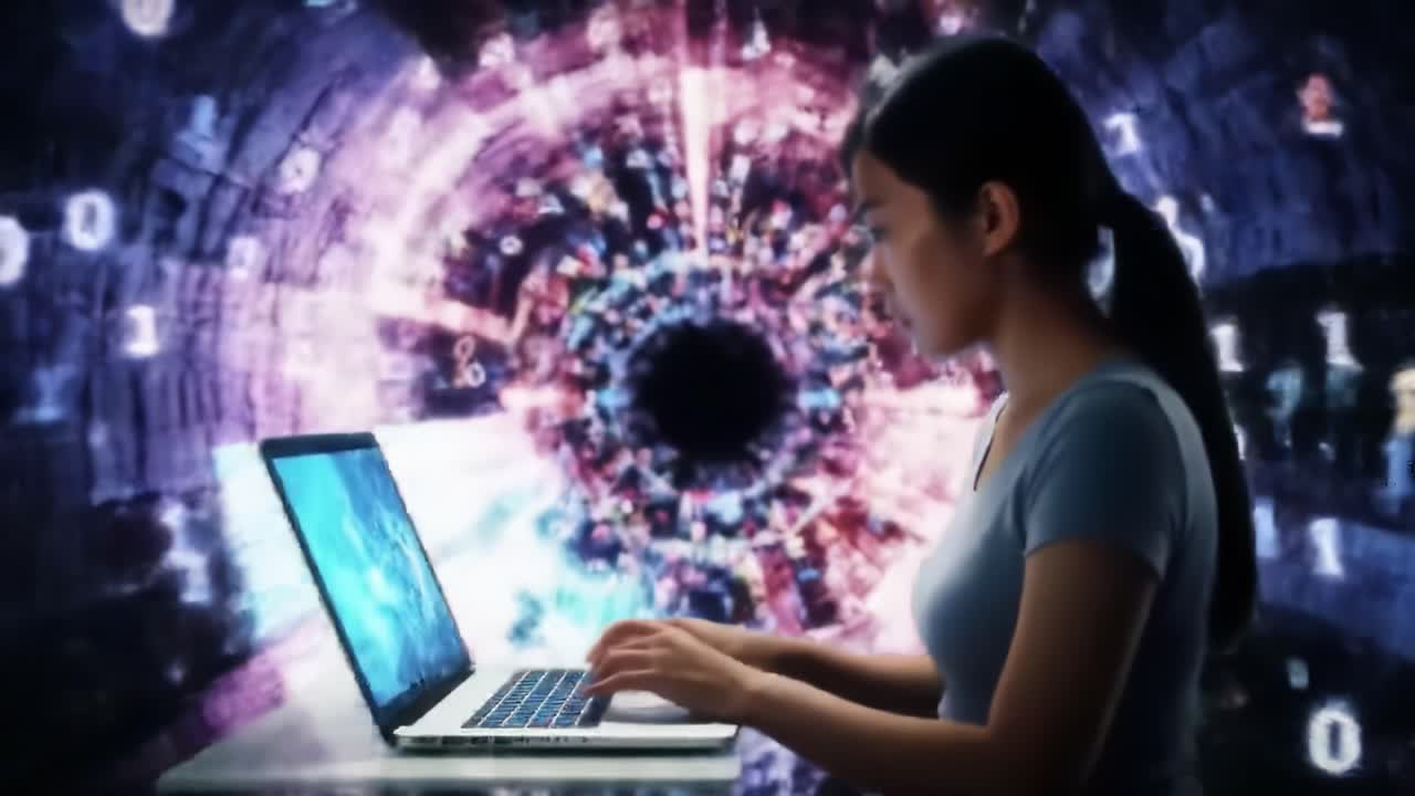 A Focused Individual Engaged with a Laptop, Surrounded by a Dynamic Digital Environment Representing Data and Technology Exploration