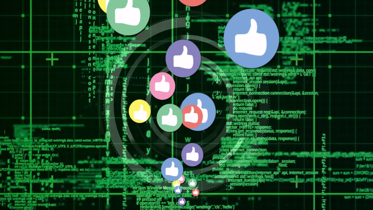 Animation of thumbs-up icons floating over green digital code background