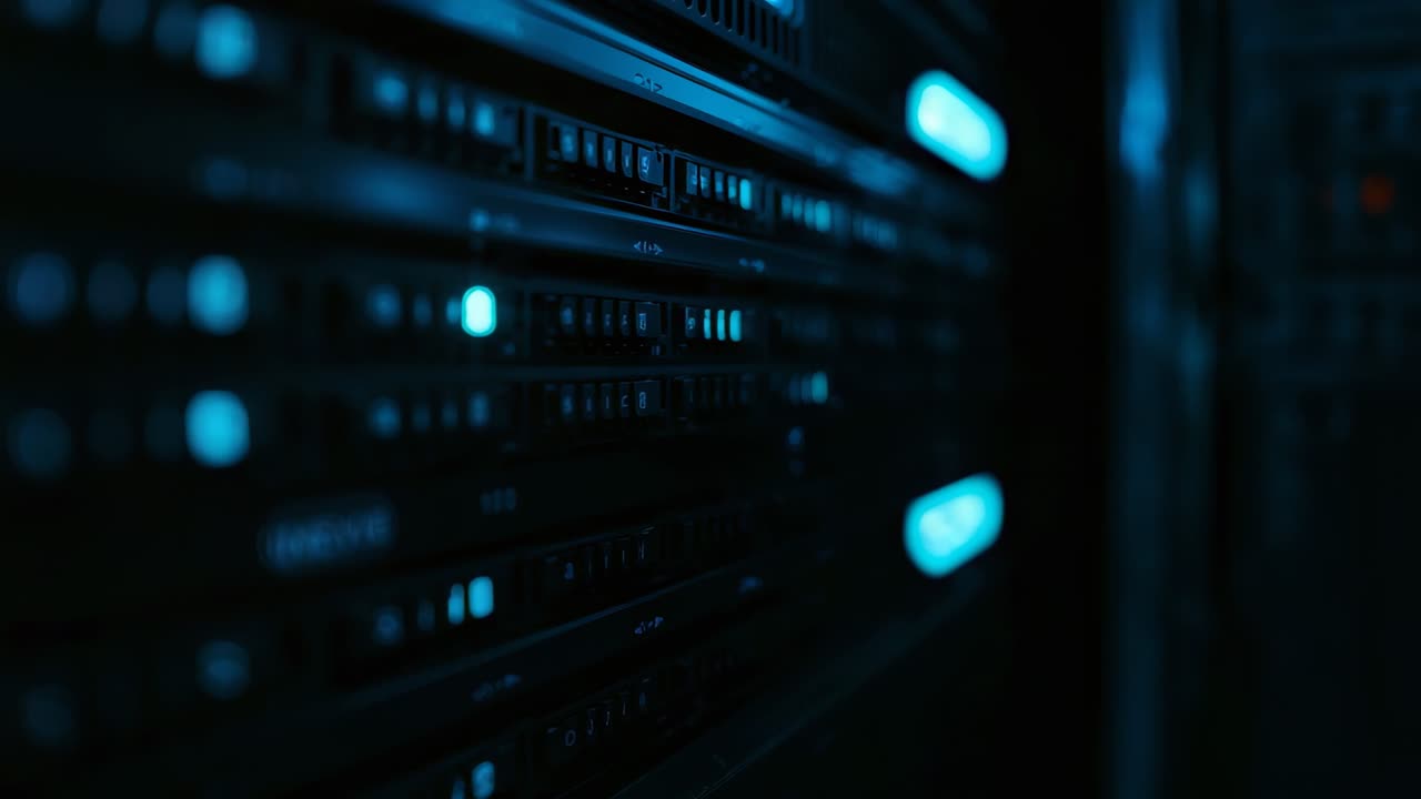 Camera panning server rack shifting focus to blue LEDs for monitoring in data center, copy space