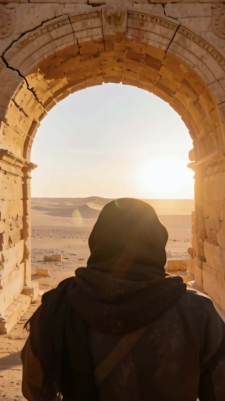 Video verticale: Uomo che cammina ed entra in un arco mentre il sole si illumina, fermandosi e osservando le dune con uno zaino.