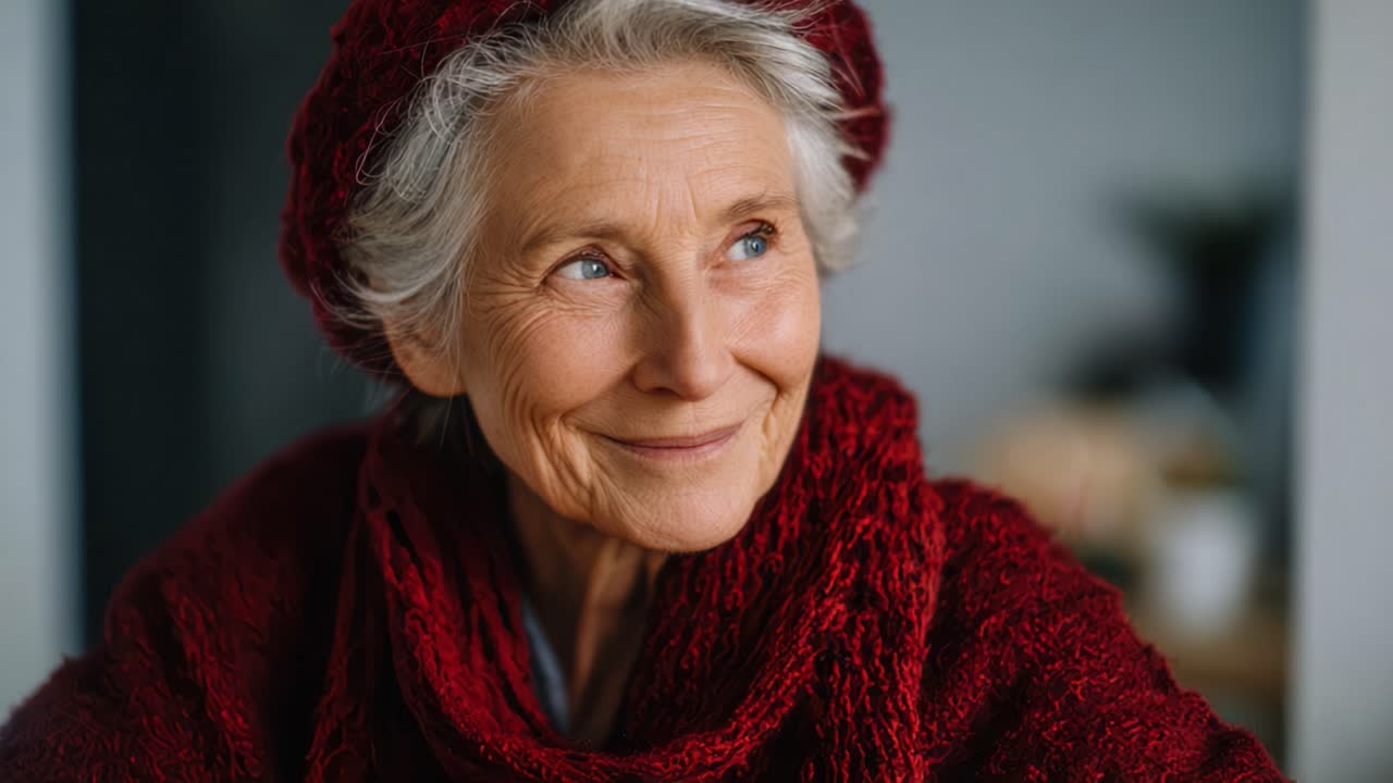 Une femme âgée joyeuse aux cheveux argentés, portant une écharpe et un bonnet rouges confortables, souriant chaleureusement en regardant sur le côté, dans un cadre intérieur intime et éclairé d’une lumière douce.