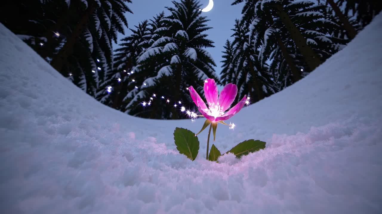 Low-angle shot of a glowing pink flower in snow, surrounded by illuminated trees under a crescent