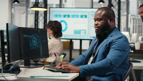 vertical video black engineer uses artificial intelligence systems for data mining