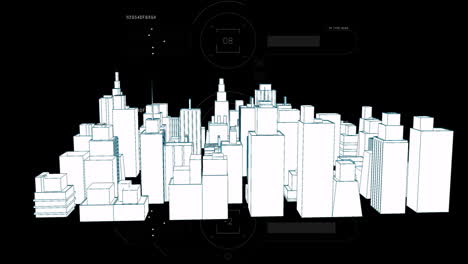 digital cityscape with futuristic data processing animation over black background