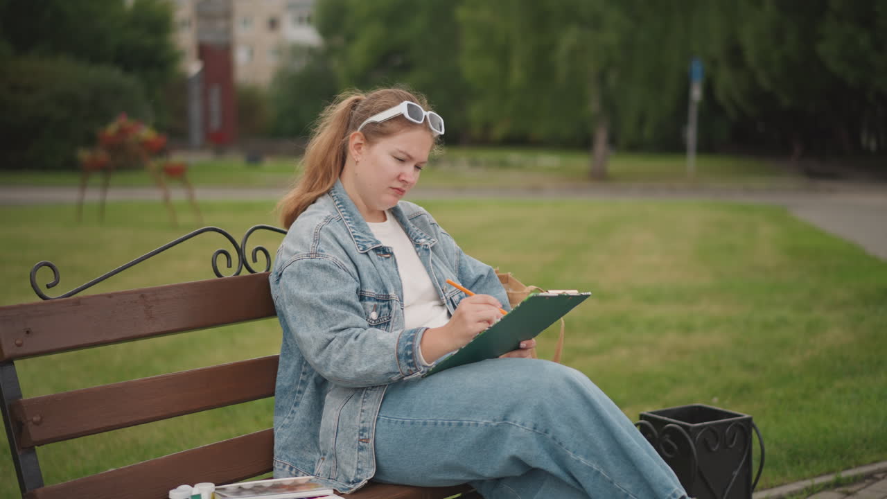 Giovane donna concentrata a disegnare una composizione su un blocco appunti, giacca di jeans e occhiali da sole come fascia, borsa porta-disegni e appunti a lato, espressione concentrata, spazio verde urbano con sentiero e alberi.