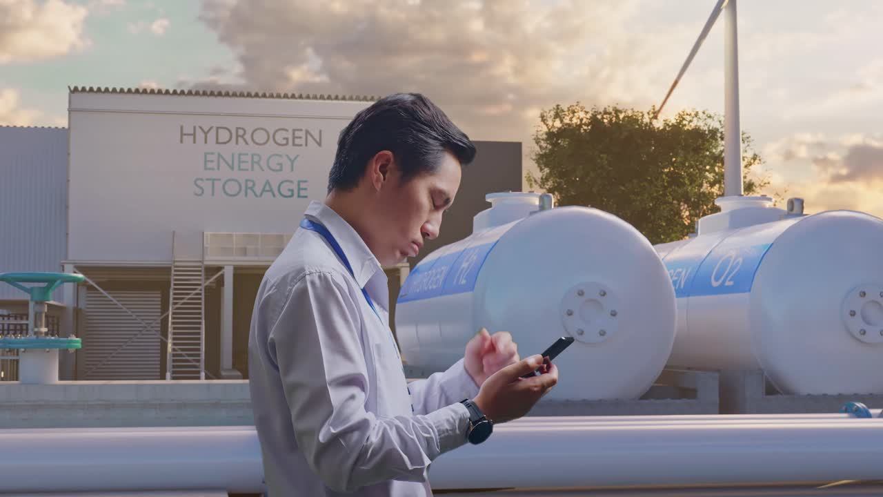 수소 에너지 저장 시설 근처에서 스마트폰을 확인하는 남자