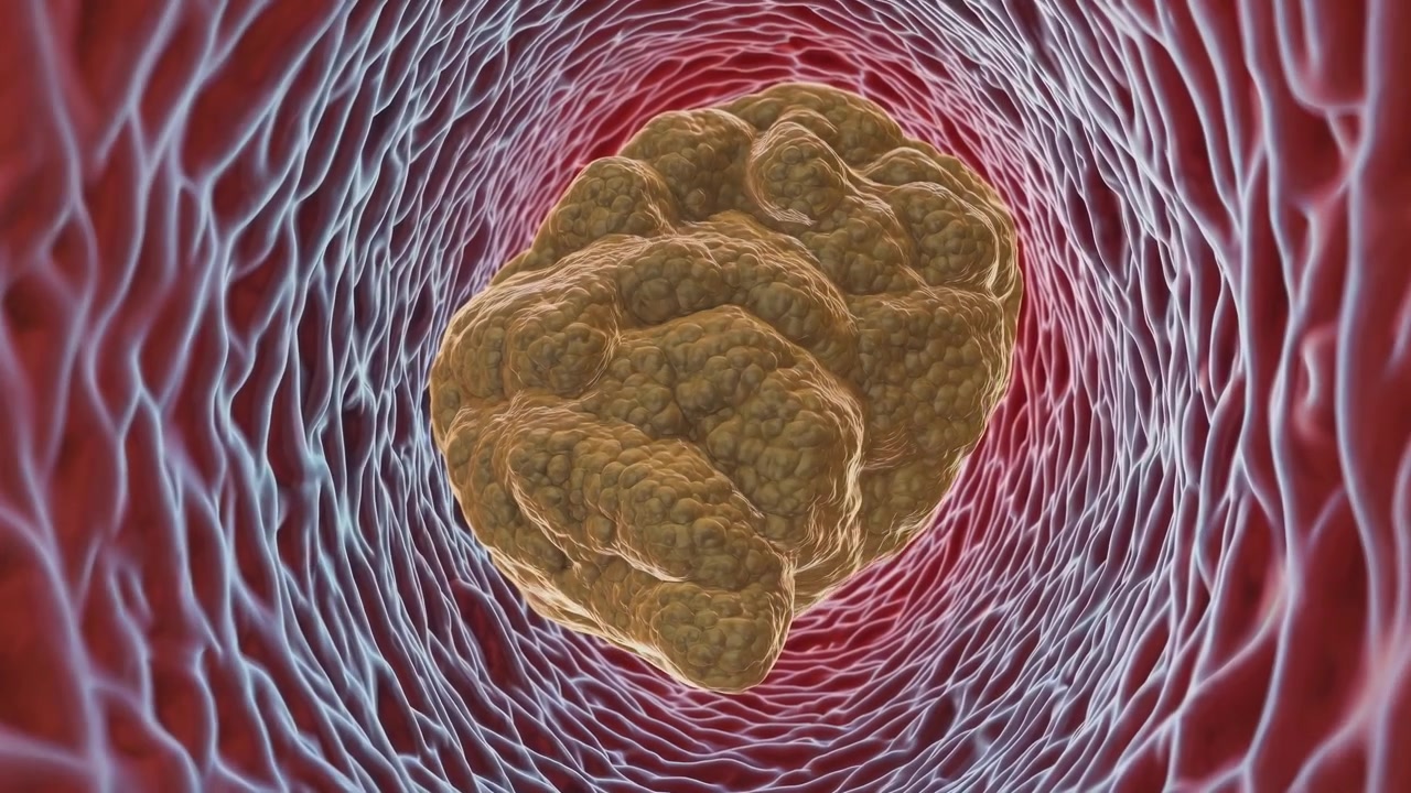 Animazione 3D di una placca di colesterolo all'interno di un'arteria umana