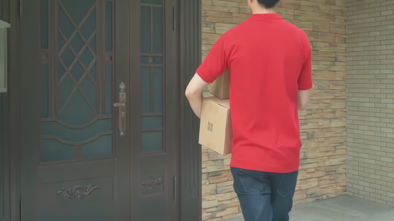 el hombre de la entrega en uniforme sonríe durante el expreso, el mensajero sostiene un pequeño paquete de paquetes entregando mercancías a la casa del cliente con camioneta, servicios de puerta a puerta