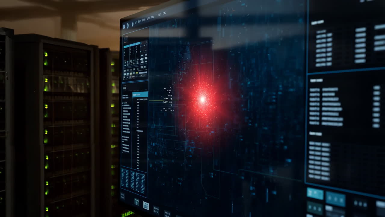 Cybersecurity Alert Displayed on Monitor in Server Room Data Center