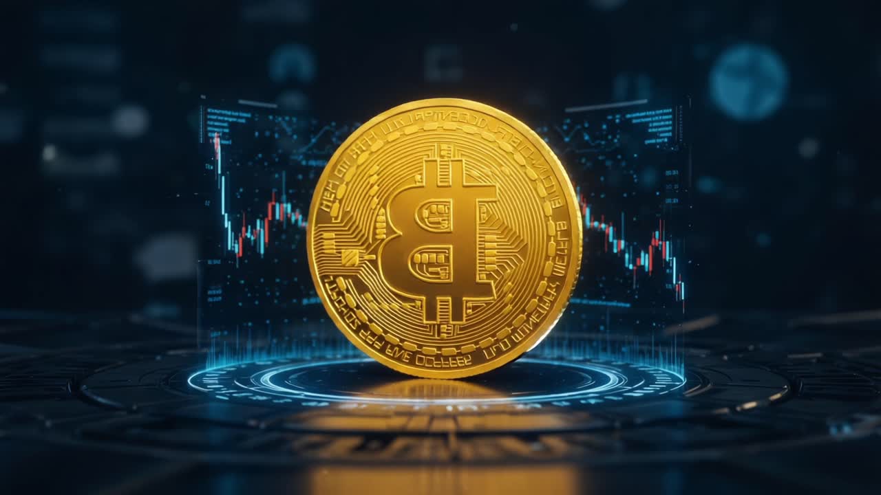 Captivating Visual of a Golden Bitcoin Amidst Digital Trading Charts Illustrating the Rise of Cryptocurrency in Modern Finance and Investment Strategies