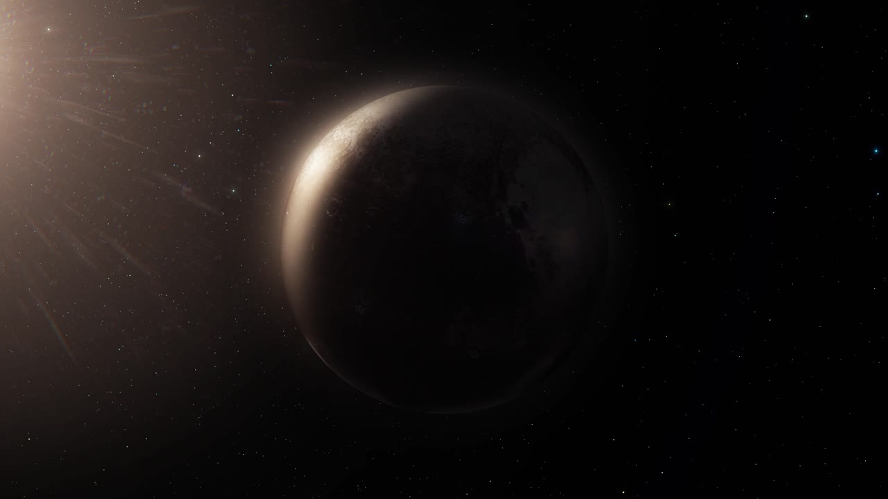 A planet in space with a sun in the background